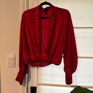 Red express cropped satin blouse long sleeve size S